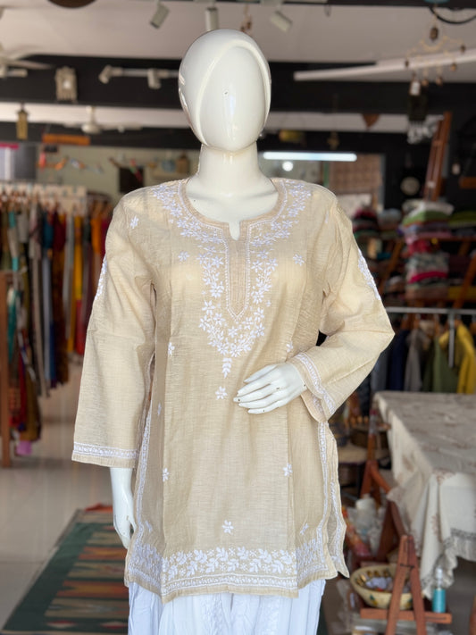 Beige Chikankari hand embroidered cotton short kurta for women