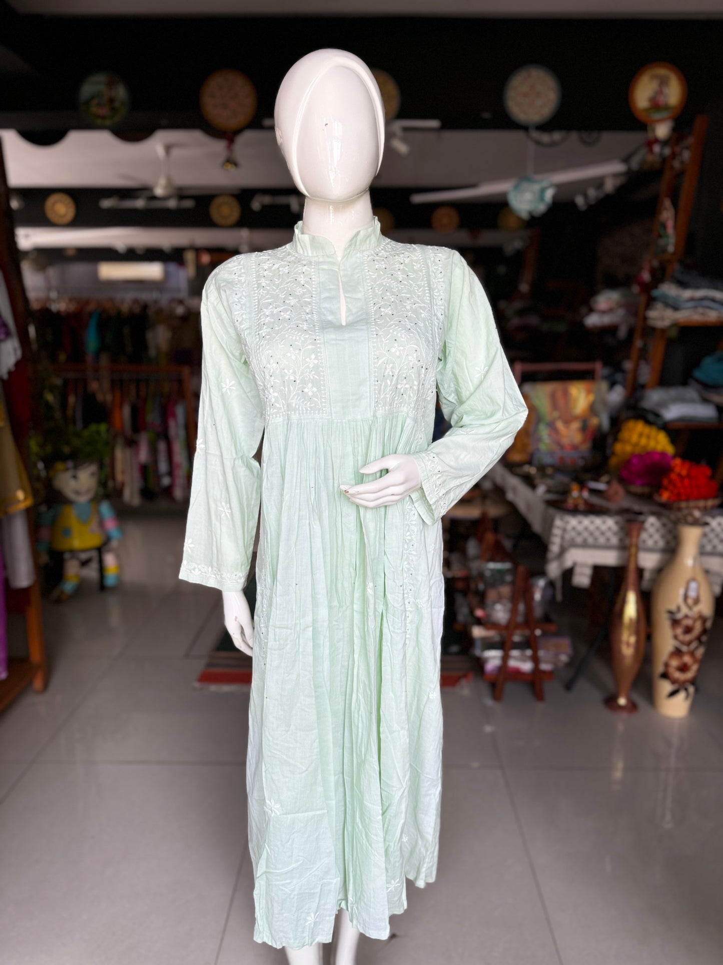 Mint green chikankari hand embroidered kurta / dress