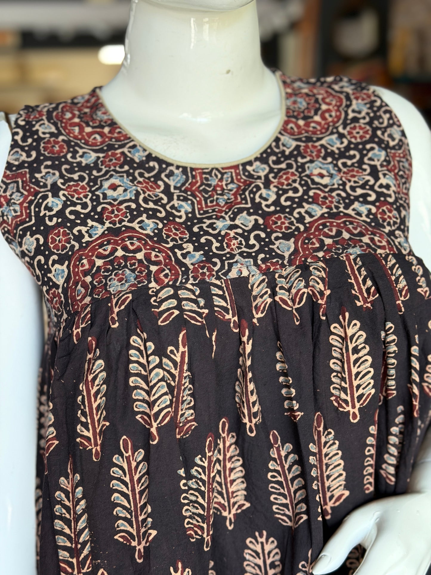 Ajrakh sleeveless hand block printed cotton short top with relaxed fit