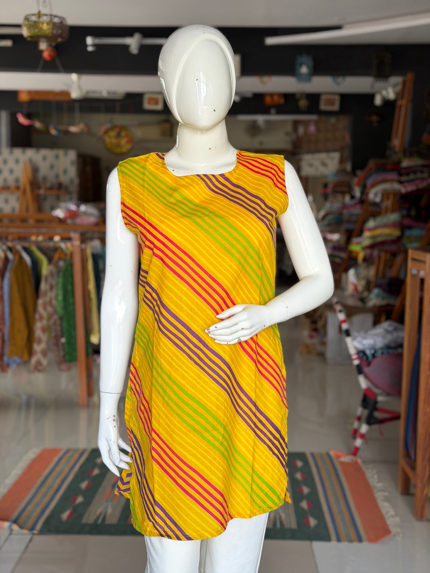 Yellow screen printed leheriya design cotton short kurti
