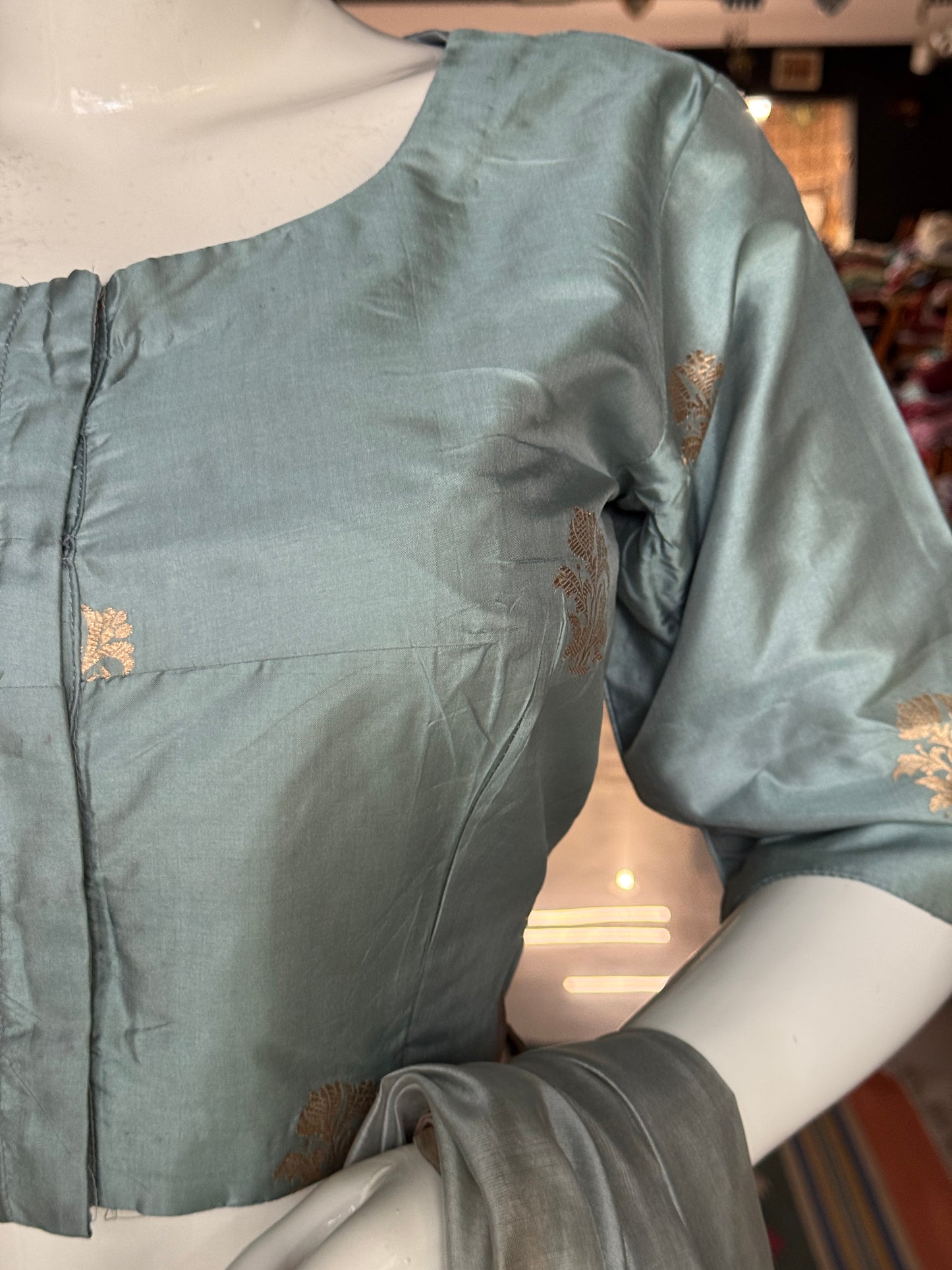 Greyish blue hand woven pure silk blouse with flower butis - front open, with lining