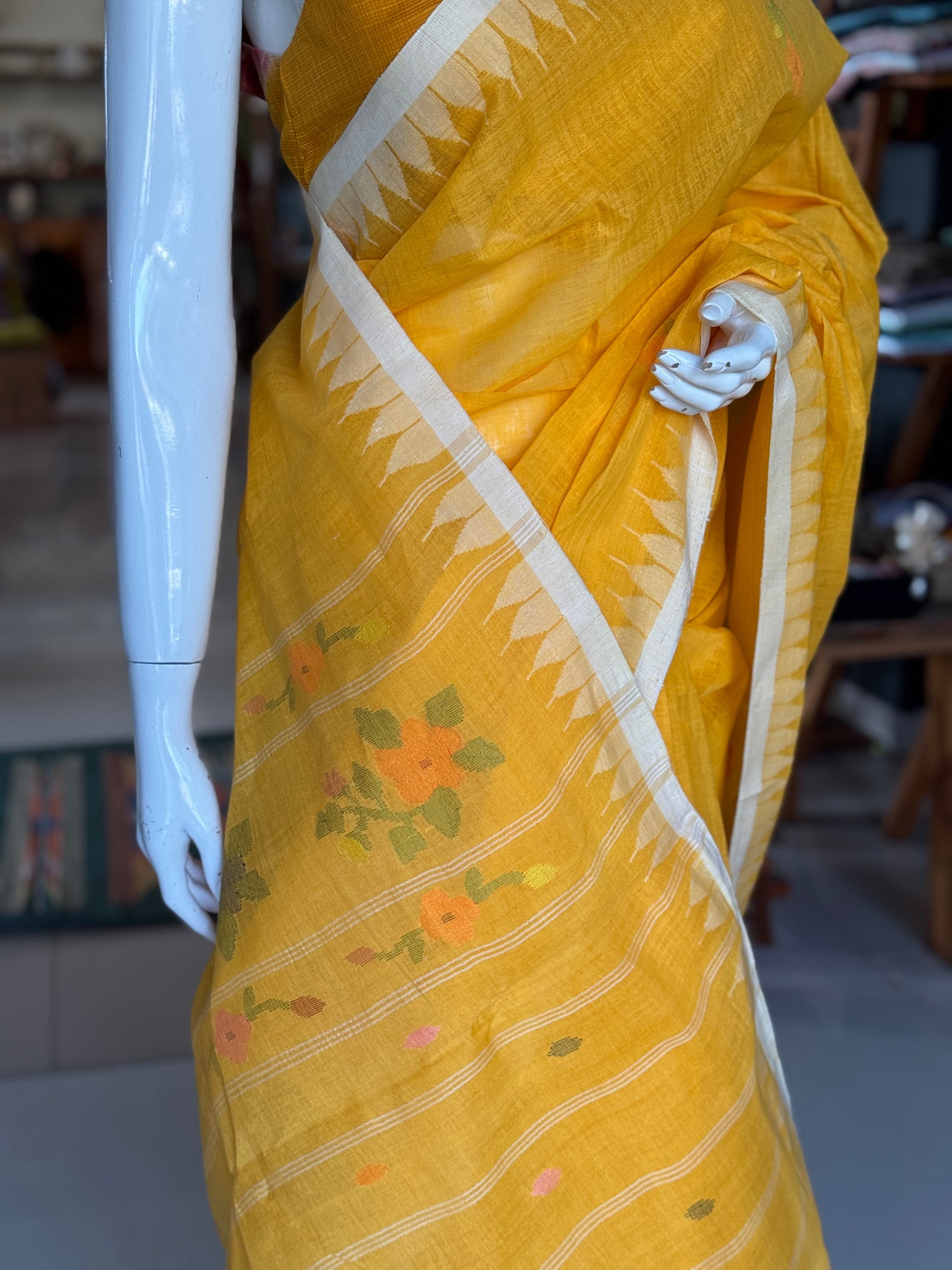 Auspicious yellow cotton handwoven Manipuri Moirangphi saree