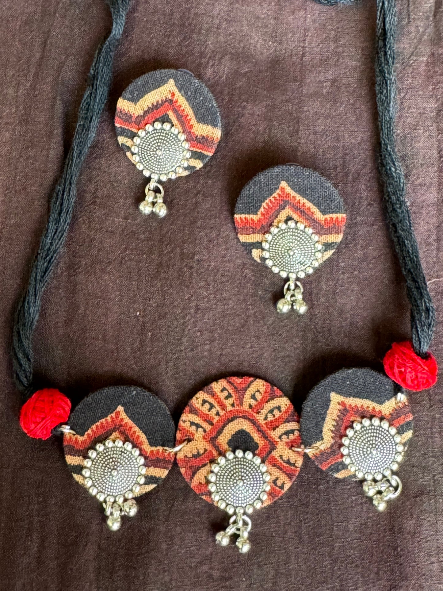 Hand block printed cotton fabric and oxidised silver handcrafted choker neckpiece and earrings set