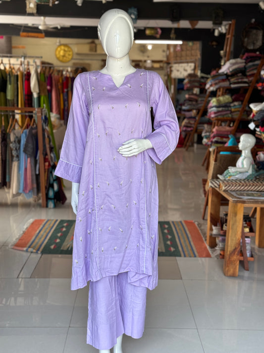 Lavender hand embroidered cotton a-line kurta n pants - 2 piece coord set