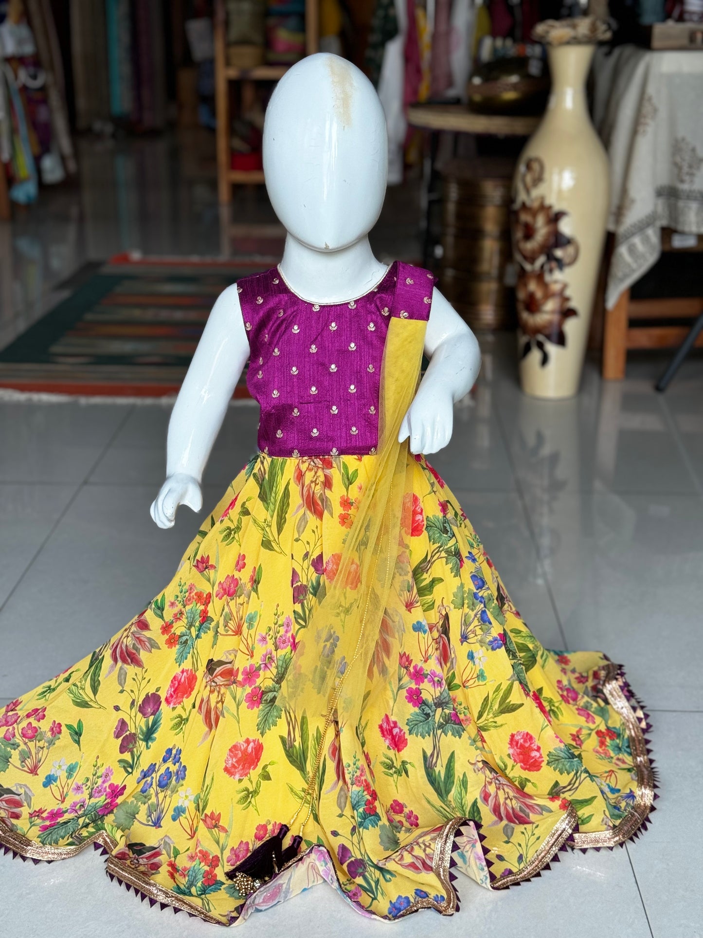 Yellow printed lehenga with purple top and light weight dupatta - 3 piece set for girls