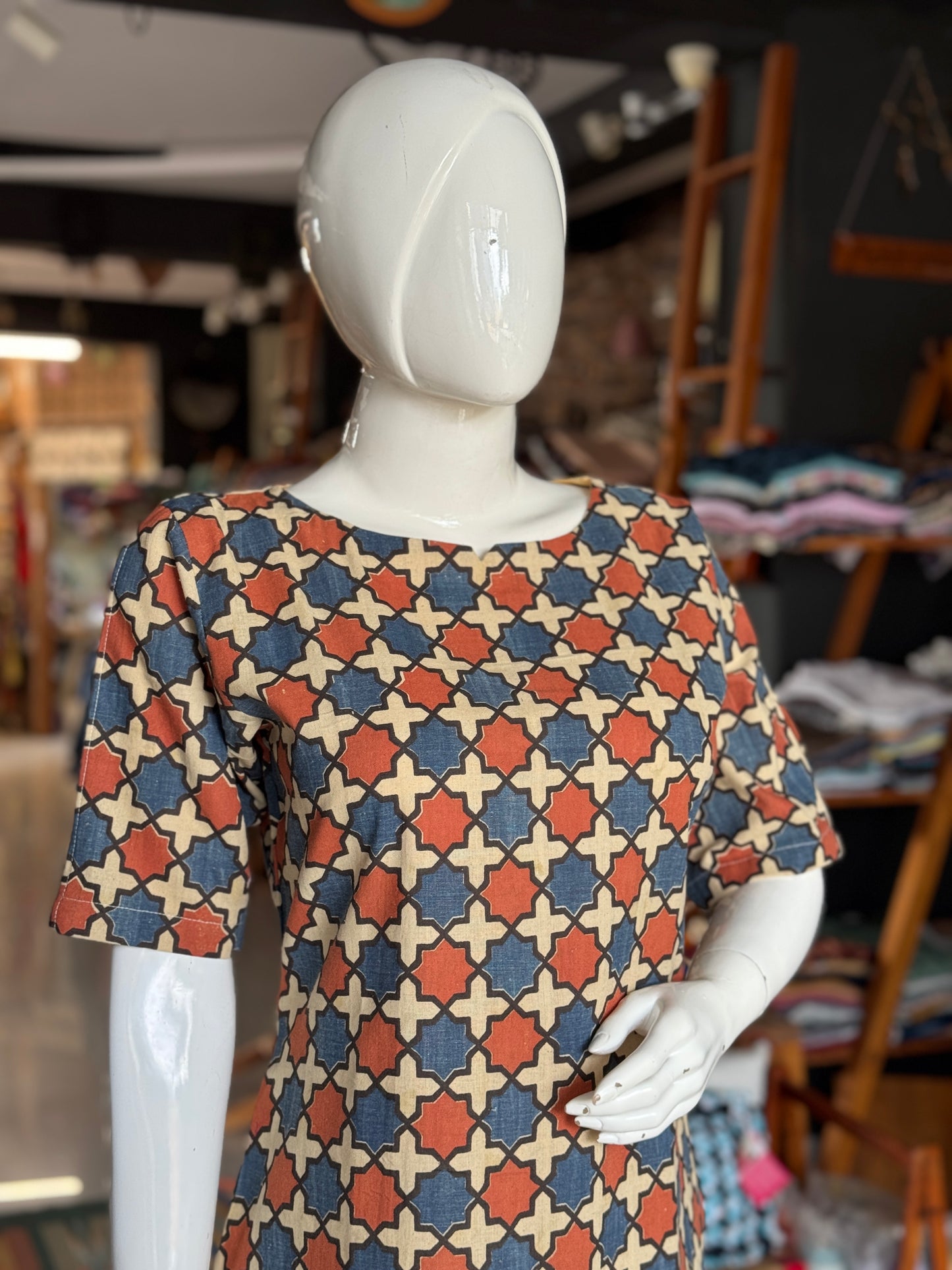 Geometric print hand woven, natural dyed cotton short kurti