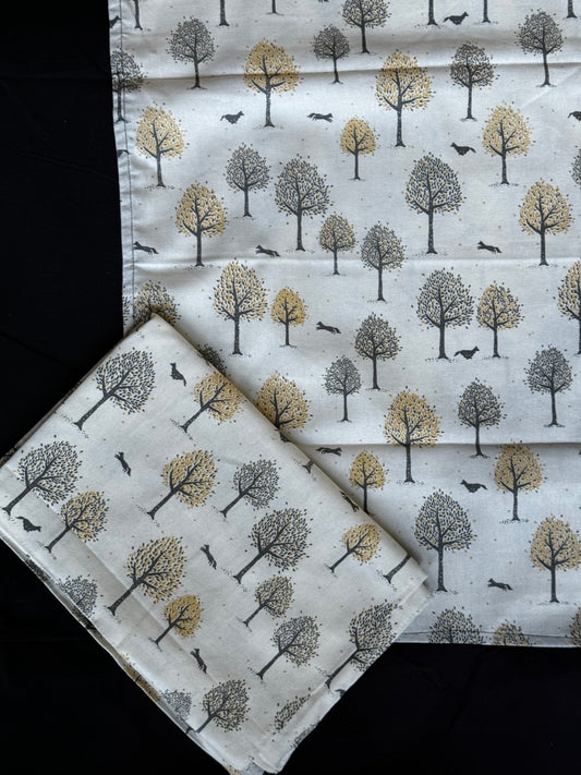 White forest print - cotton bedsheet with black attached border - 96 x 102 inches