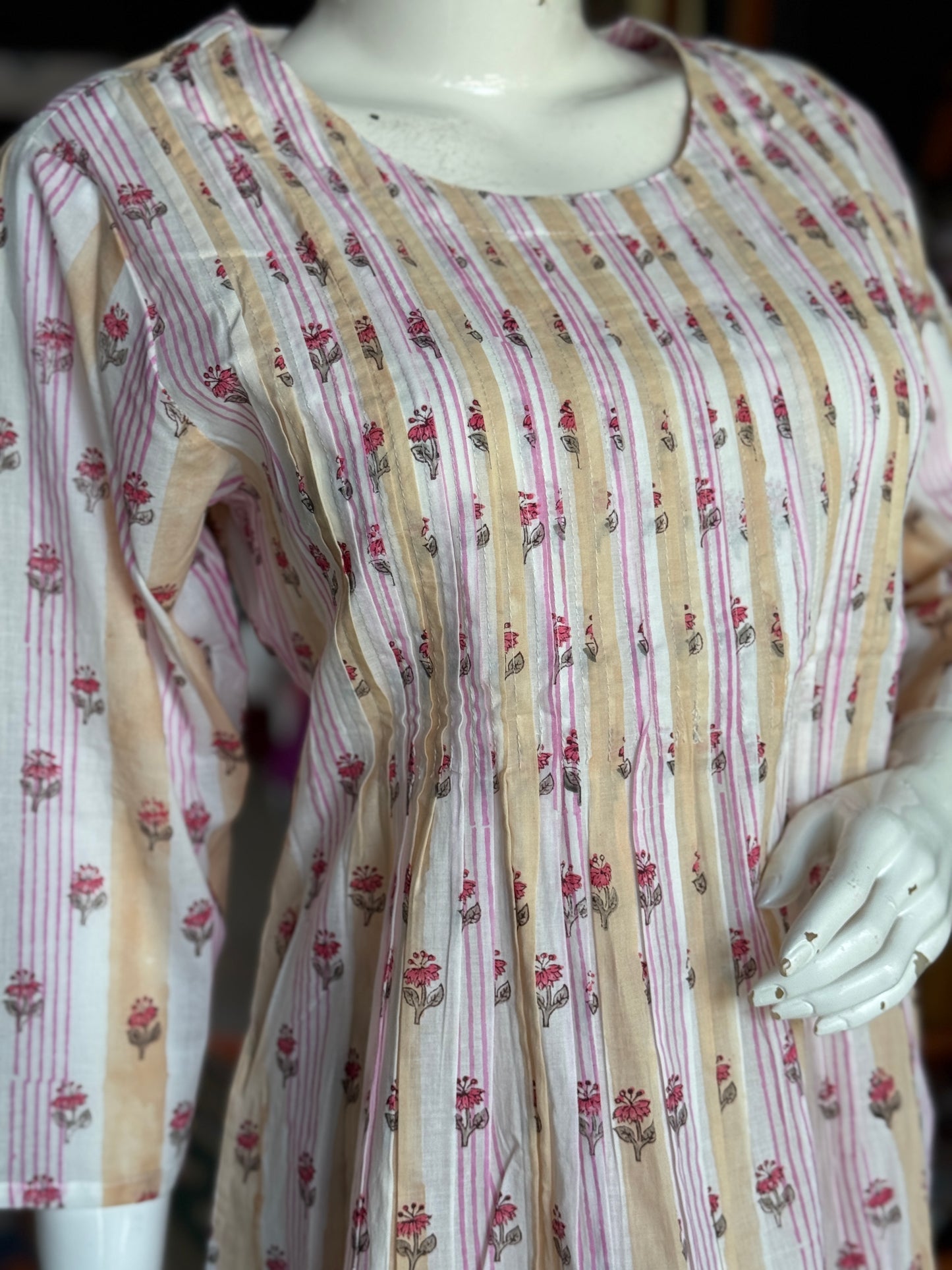 White stripes and flowers hand block printed cotton coord set - pintucks yoke