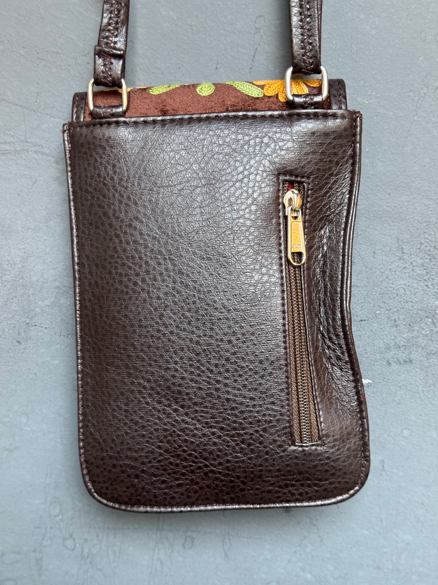 Mobile phone sling pouch - Kashmiri floral Aari embroidered with adjustable length strap and zippered back pocket - colors available