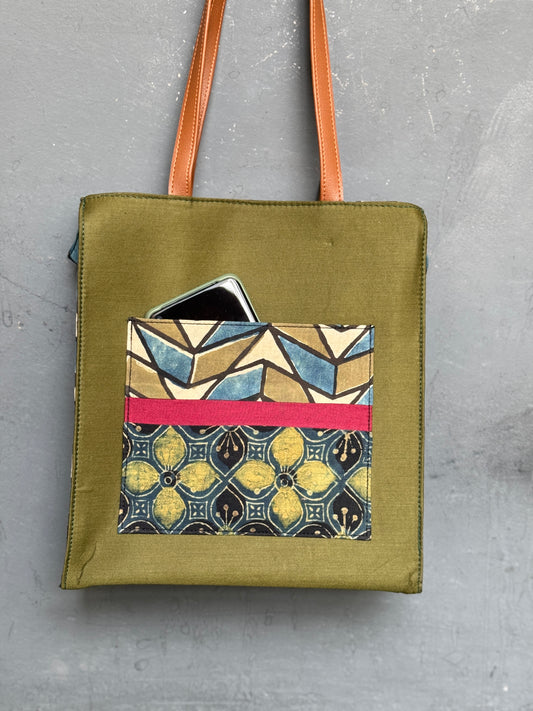 Wide base hand block printed, fabric tote bag with front patch pocket