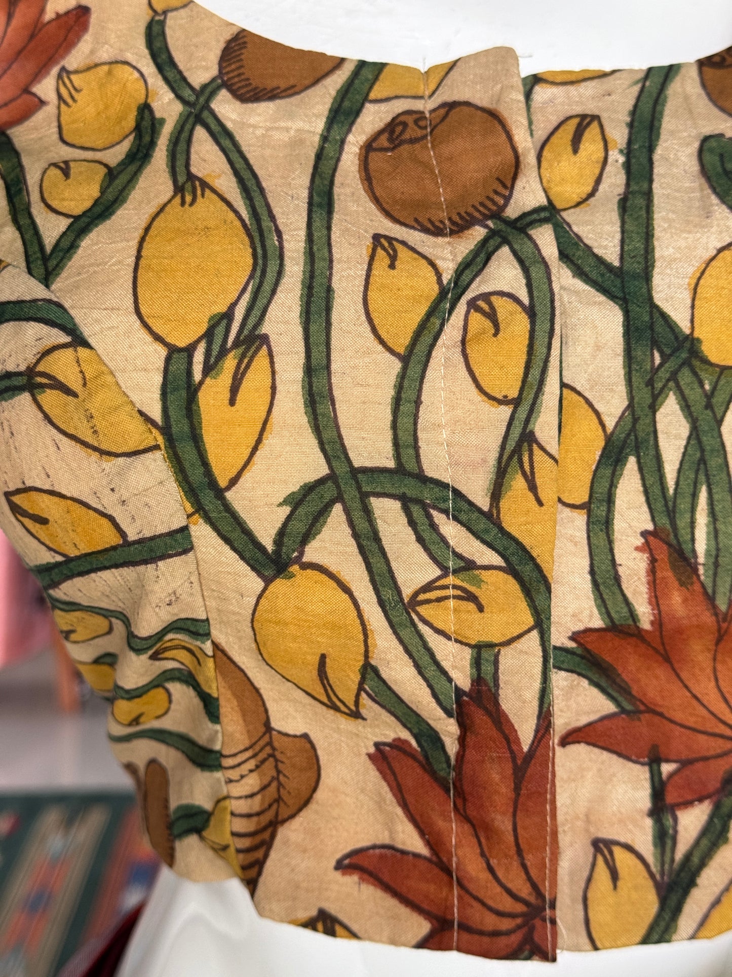 Beige Pen Kalamkari hand painted silk blouse with short sleeves