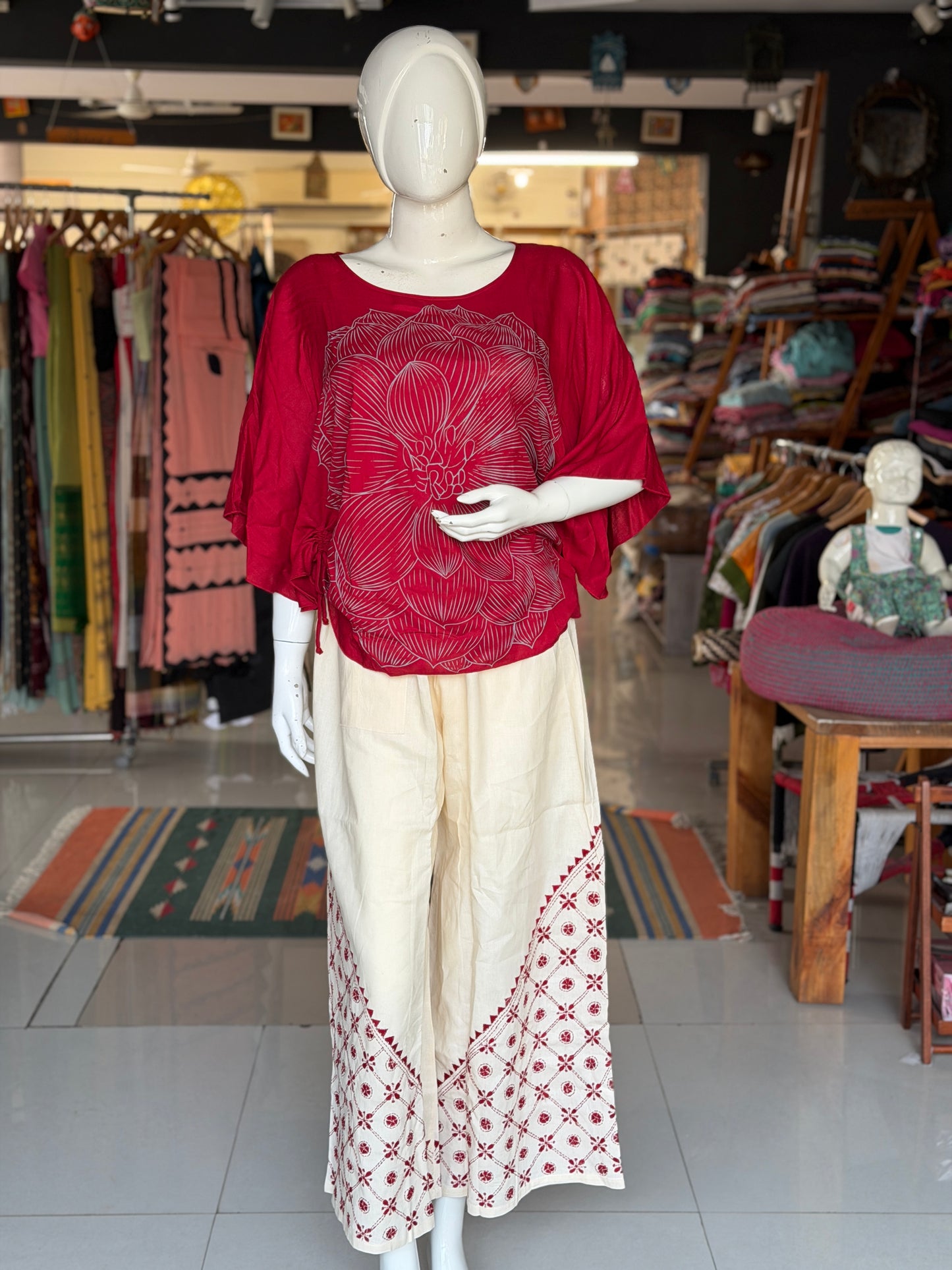 Kantha hand embroidered cotton poplin free size plazo with front pocket