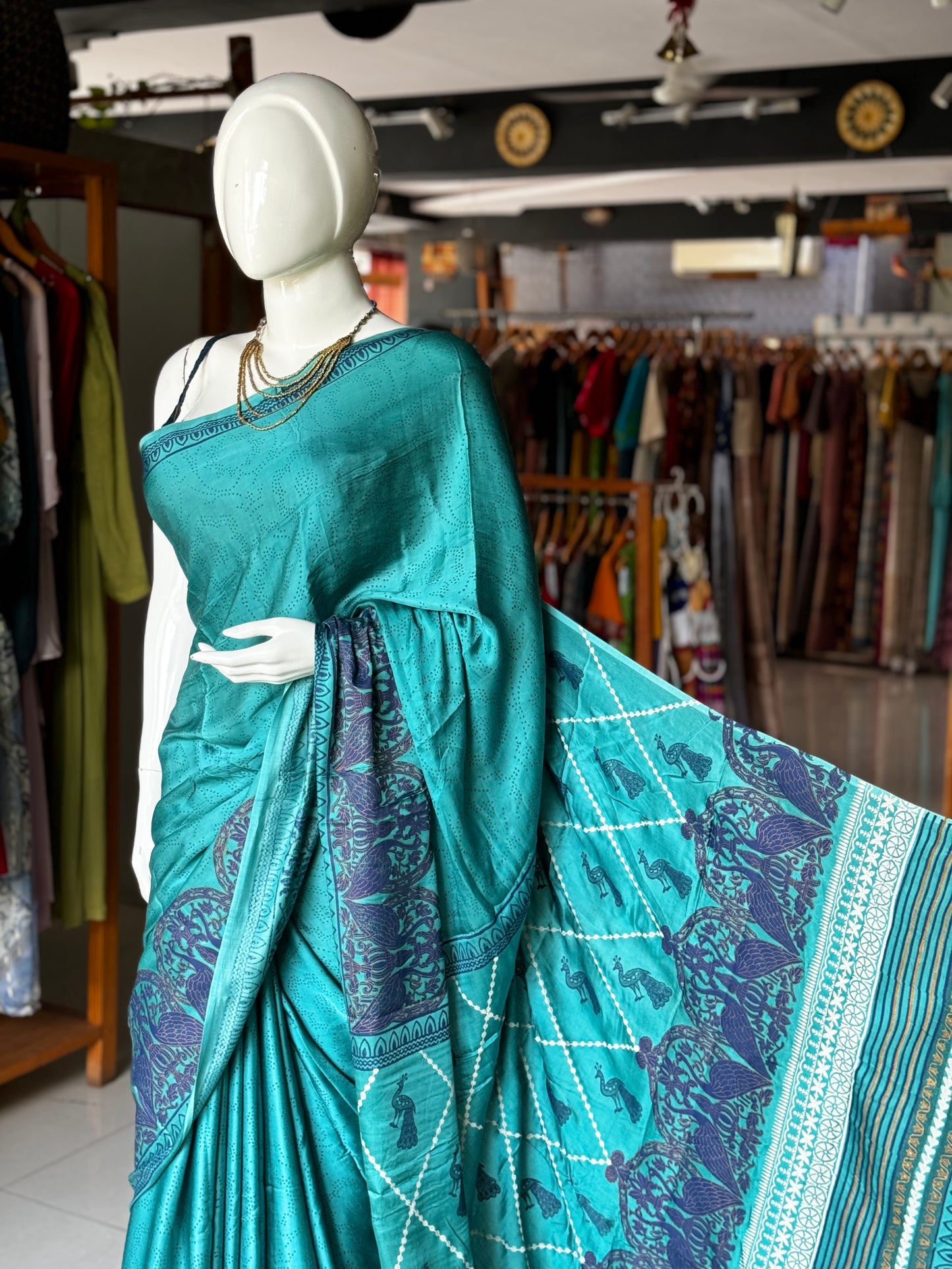 Turquoise hand block print designer modal saree