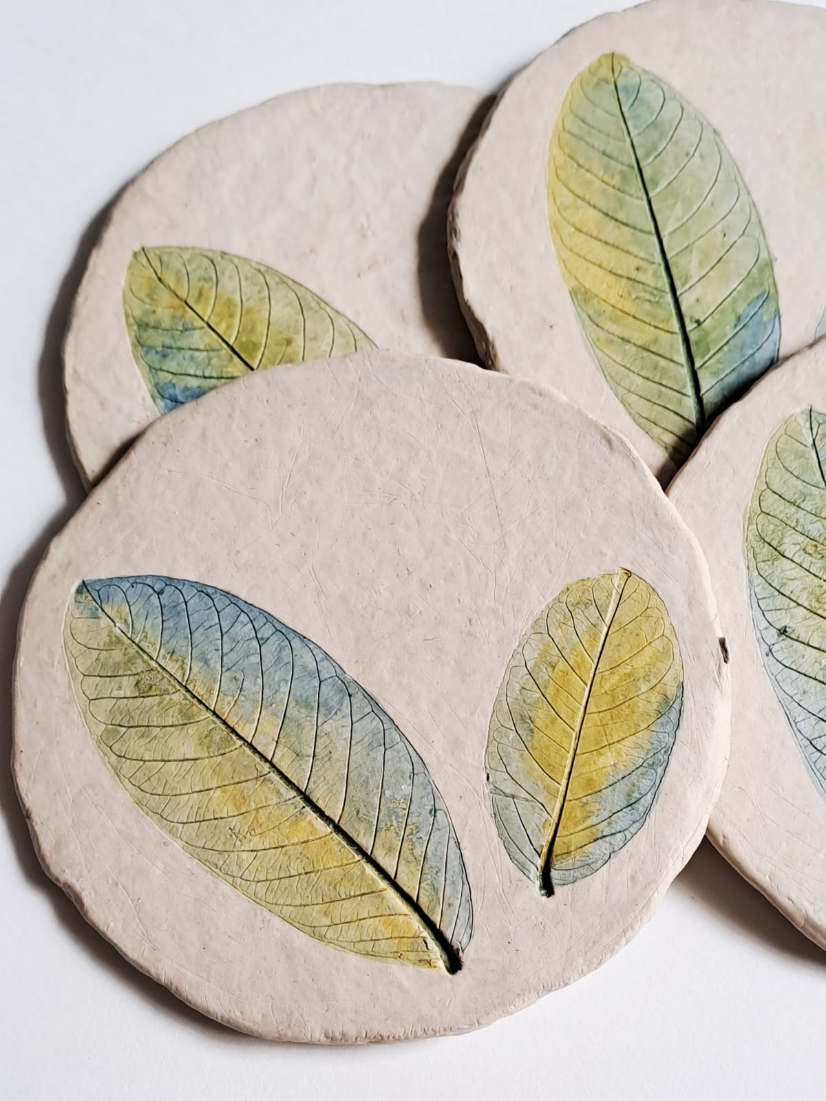 2 Leaf print Round Coasters 4 piece set - handmade Papier mache