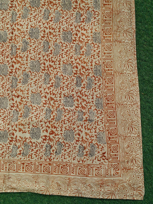 Maroon and black floral design Kalamkari hand block printed smooth satin cotton king size bedsheet + 2 pillow covers