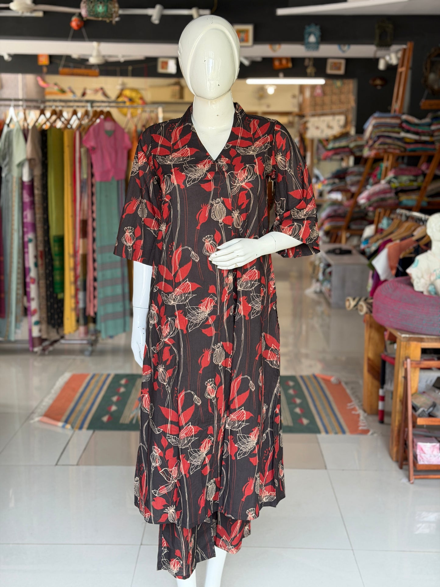 Black and red cotton front pleated kurti, pants - 2 piece set
