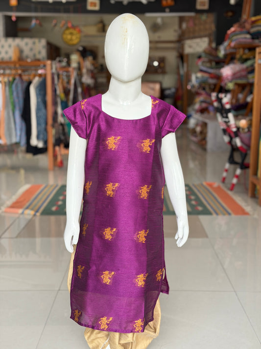 Purple hand woven raw silk kurti with tribal motifs for girls