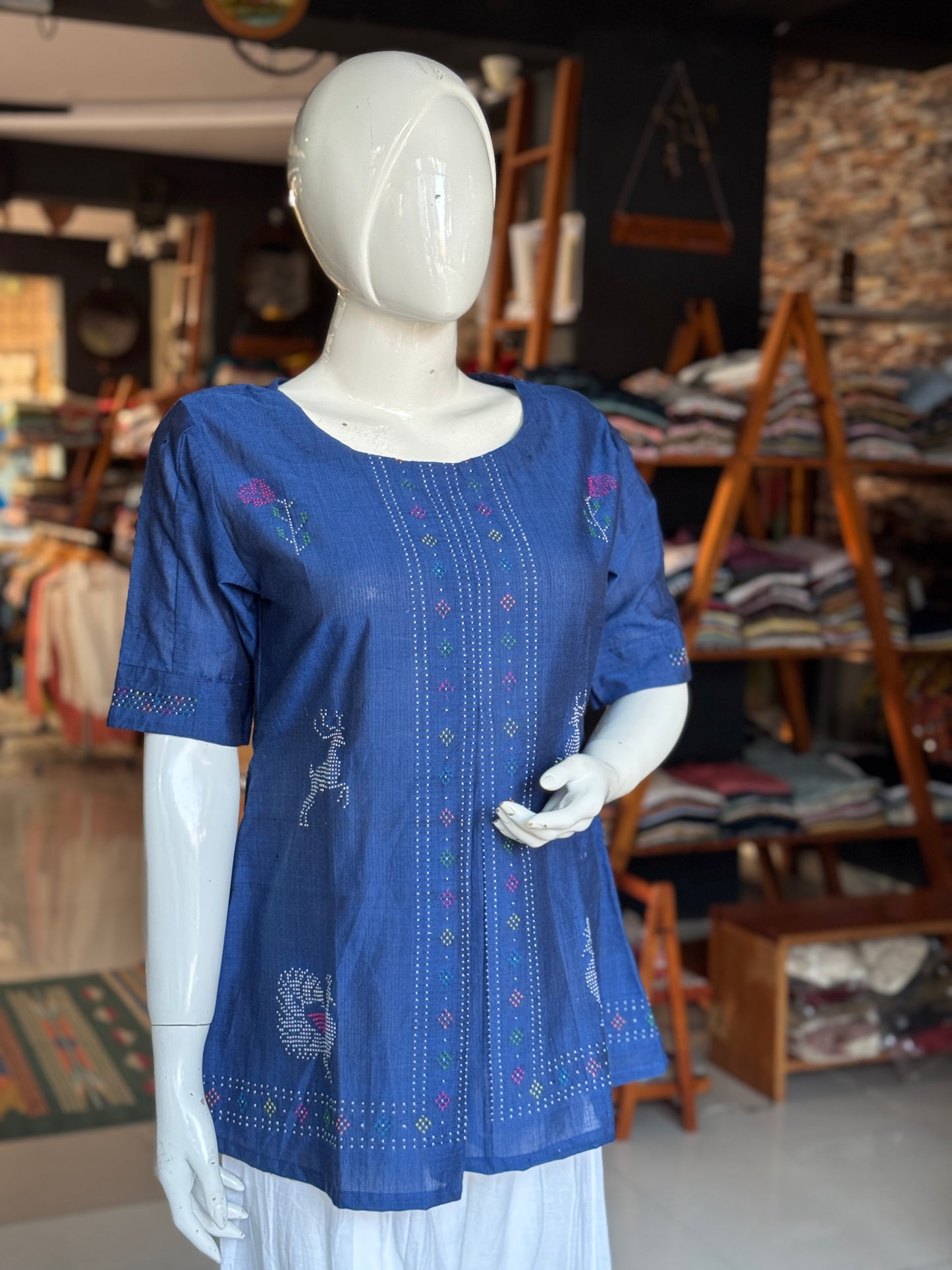 Blue Tangaliya handloom cotton top with rose n deer motifs