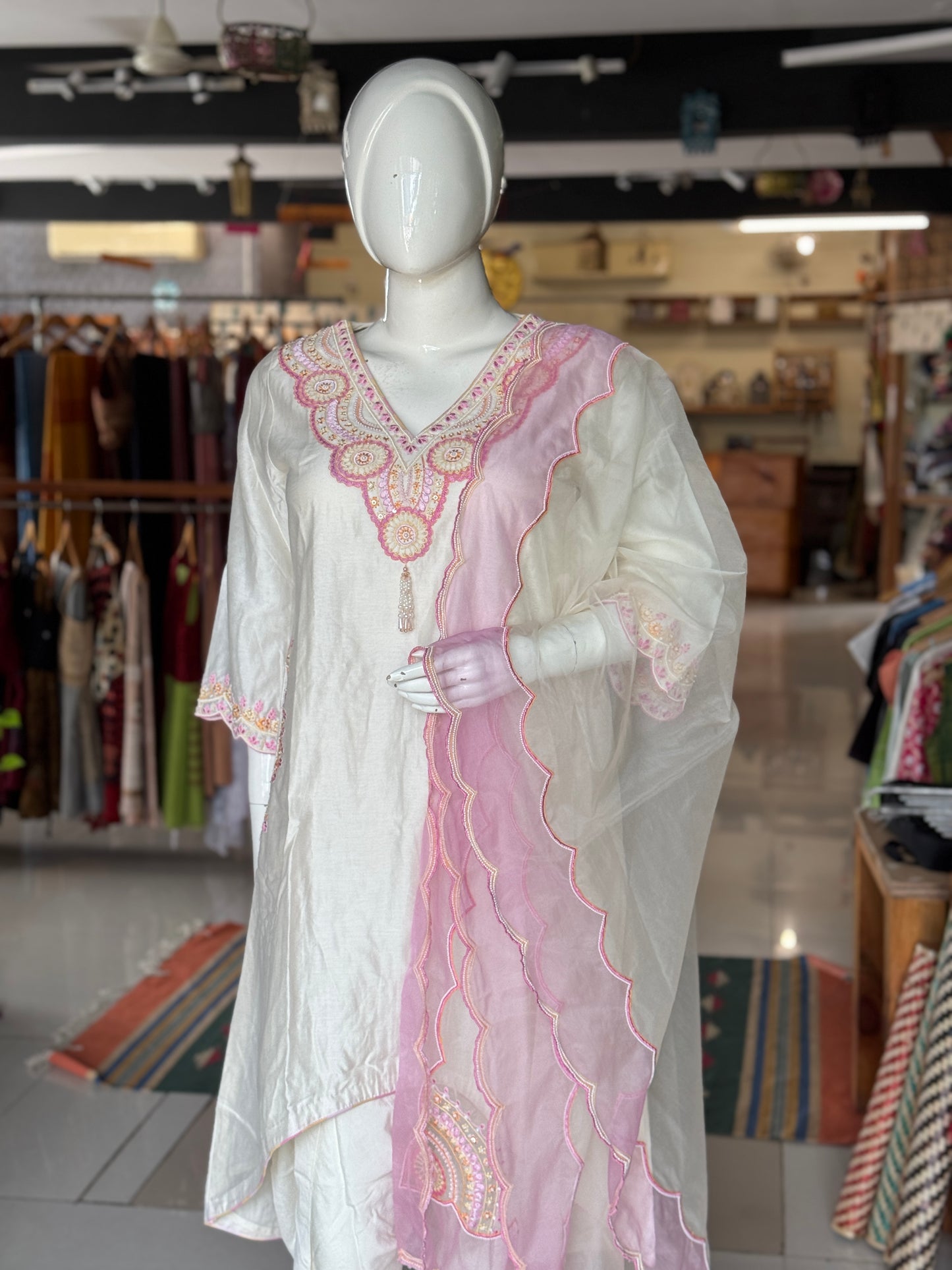 Off white silk cotton embroidered kurta, tulip pants and organza dupatta - 3 piece set