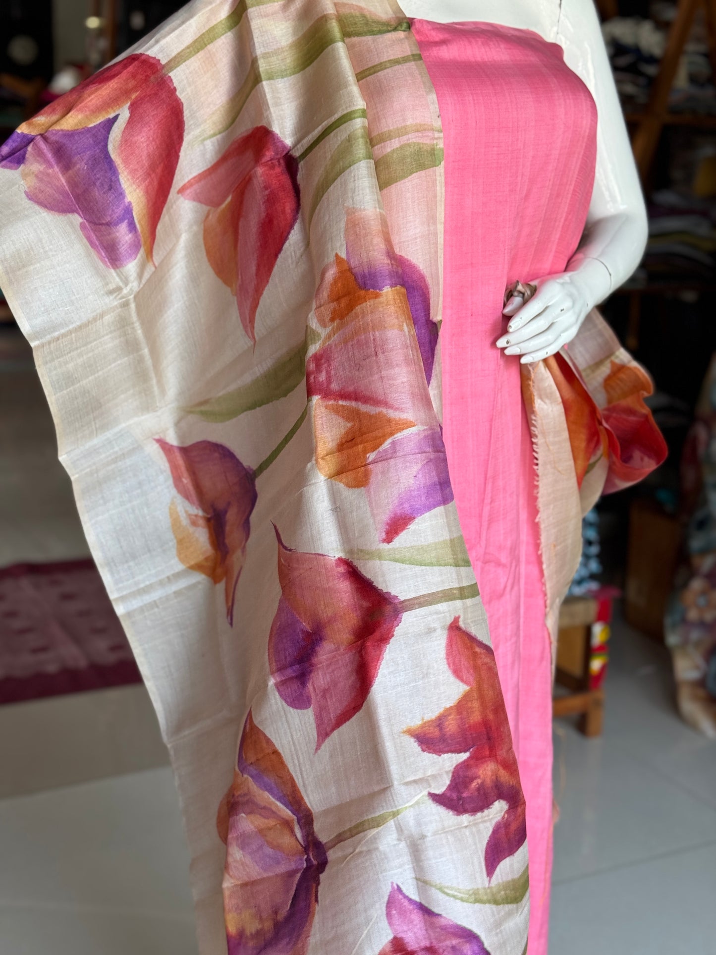 Pink n purple flowers on cream base - hand painted tussar silk floral dupatta