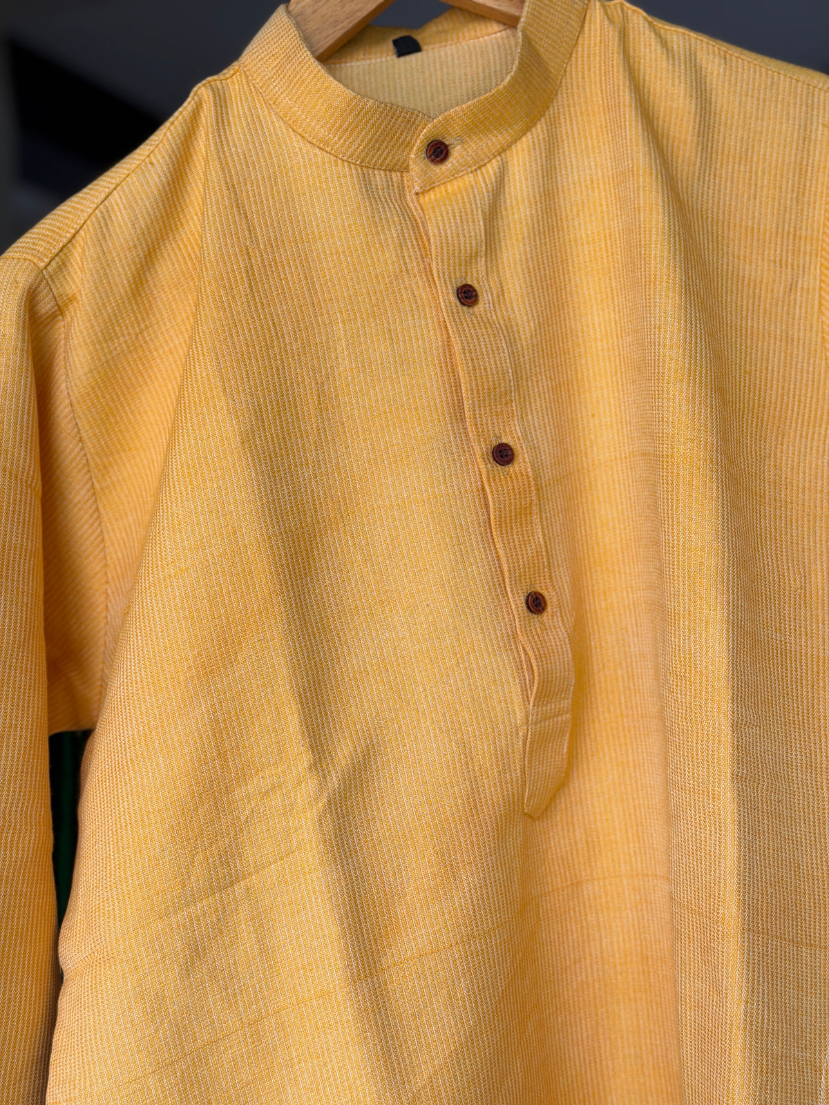 Yellow hand woven cotton long kurta for men