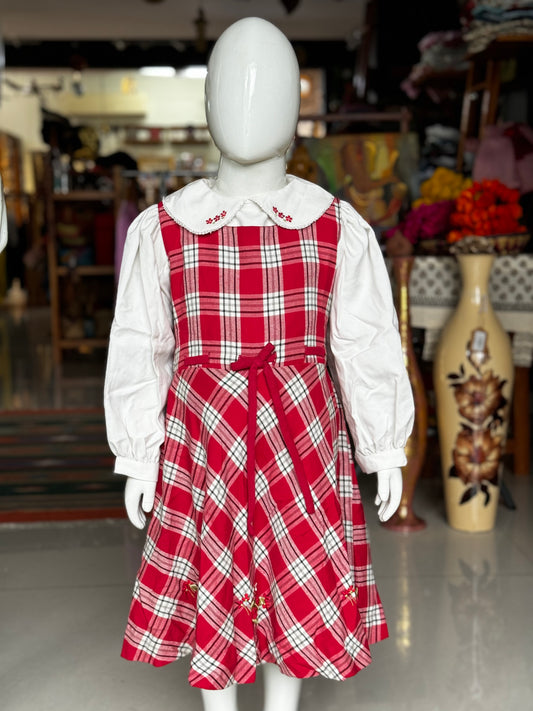 Red and white checks frock with embroidered collar and long sleeves