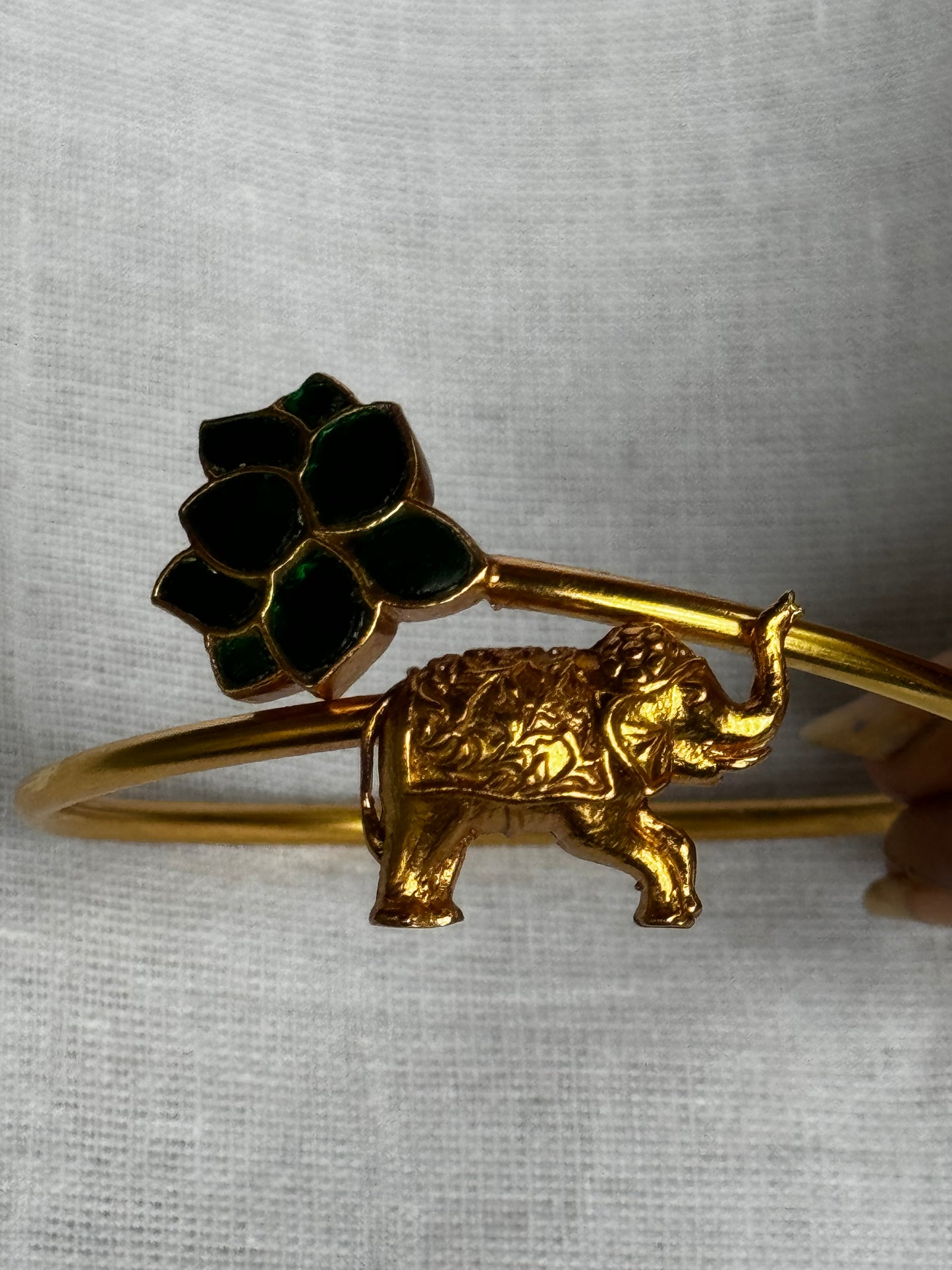 Elephant with green flower design 92.5 sterling silver adjustable size bracelet in gold polish