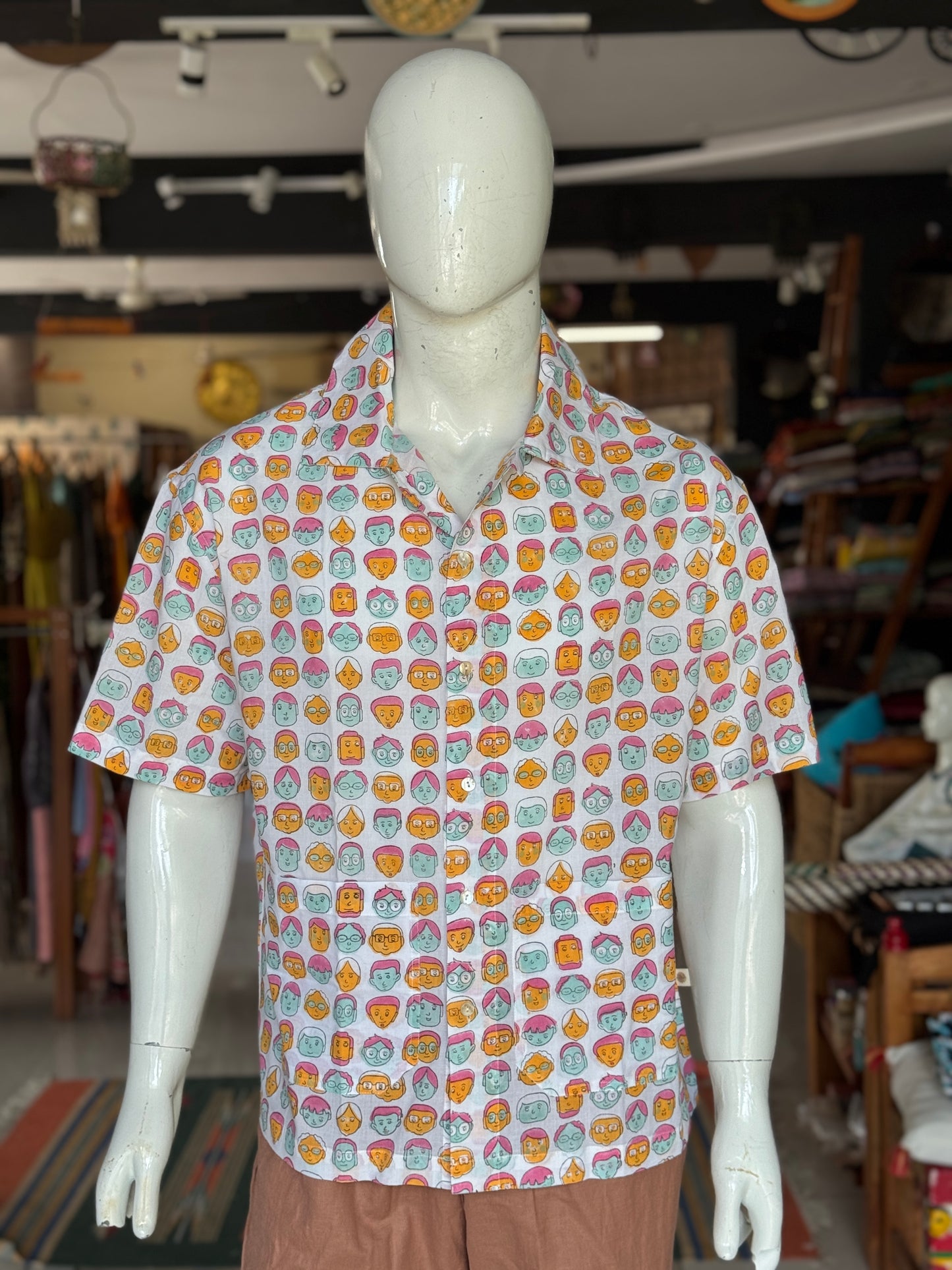 Colorful faces print half sleeves mens hand block printed band collared cotton shirt - vacation vibes