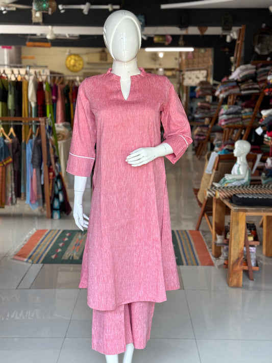 Pink band collared cotton kurta n pants - 2 piece coord set