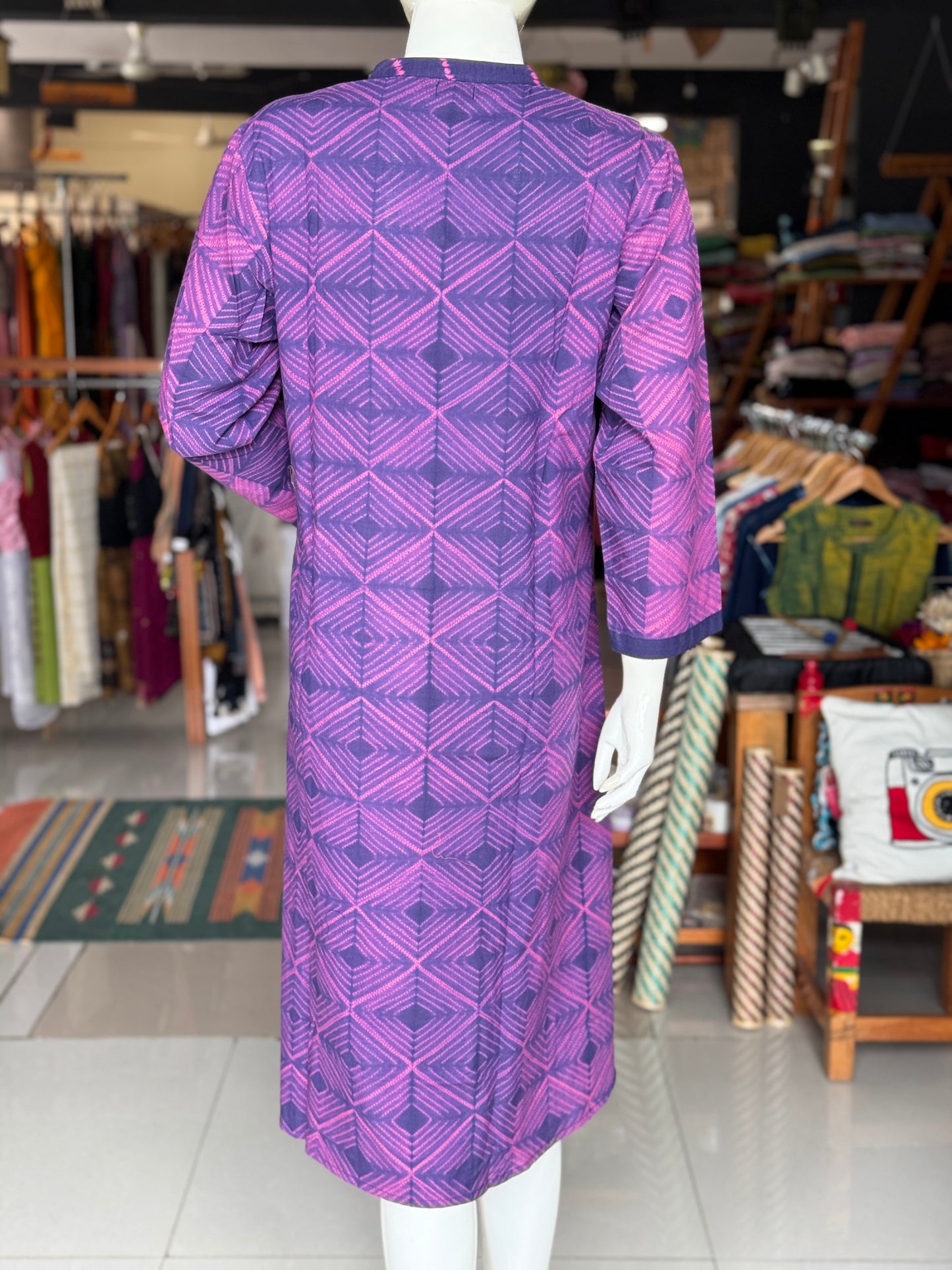Violet n purple Shibori needle tie n dye band collared cotton dress