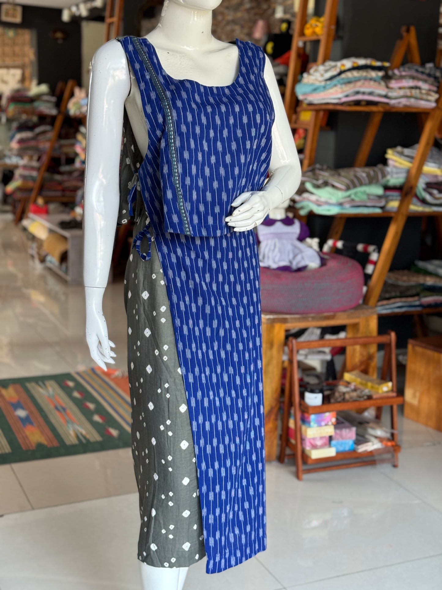 4 way handcrafted cotton coord set - free sized side ties crop top and calf length wrap around skirt