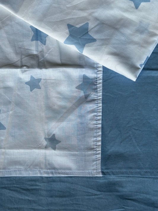 Starry night -  White cotton bedsheet with blue stars print with greyish blue attached border - 90 x 100 inches