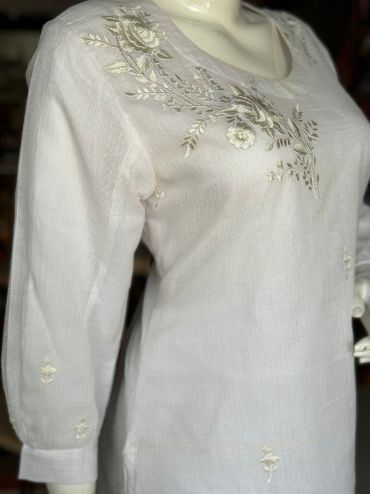 Snow White kota cotton embroiderd straight kurti with long sleeves