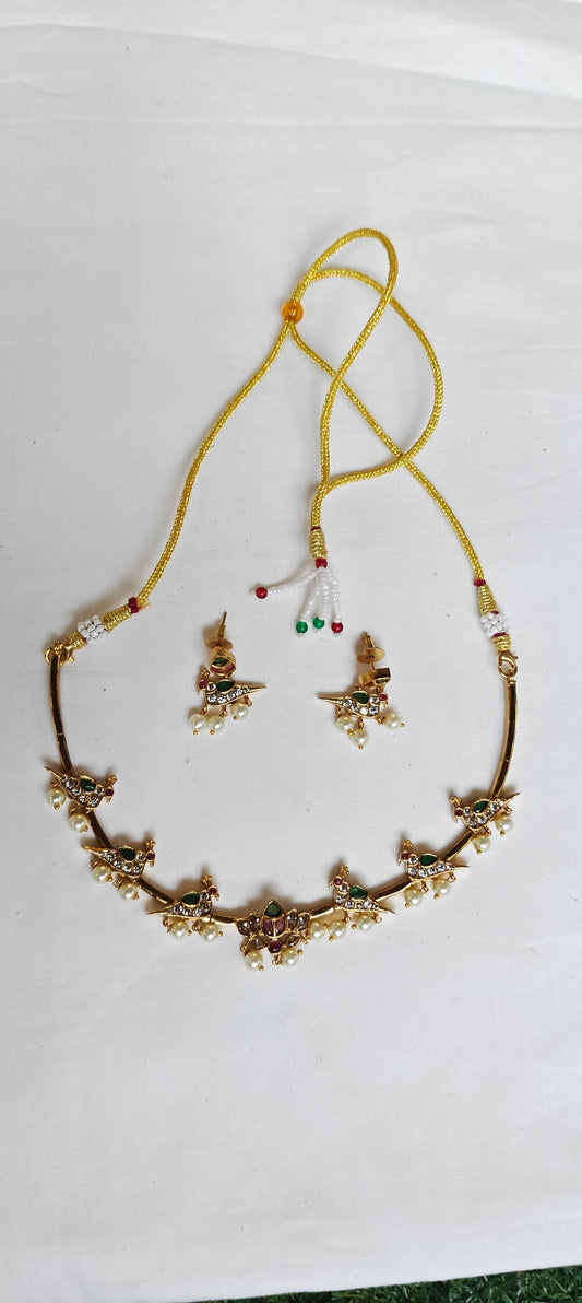Birds on a wire - neckpiece earrings set - green n white stones