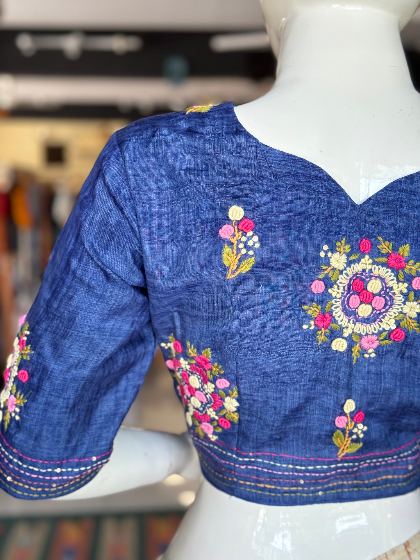 Blue floral hand embroidered silk blouse