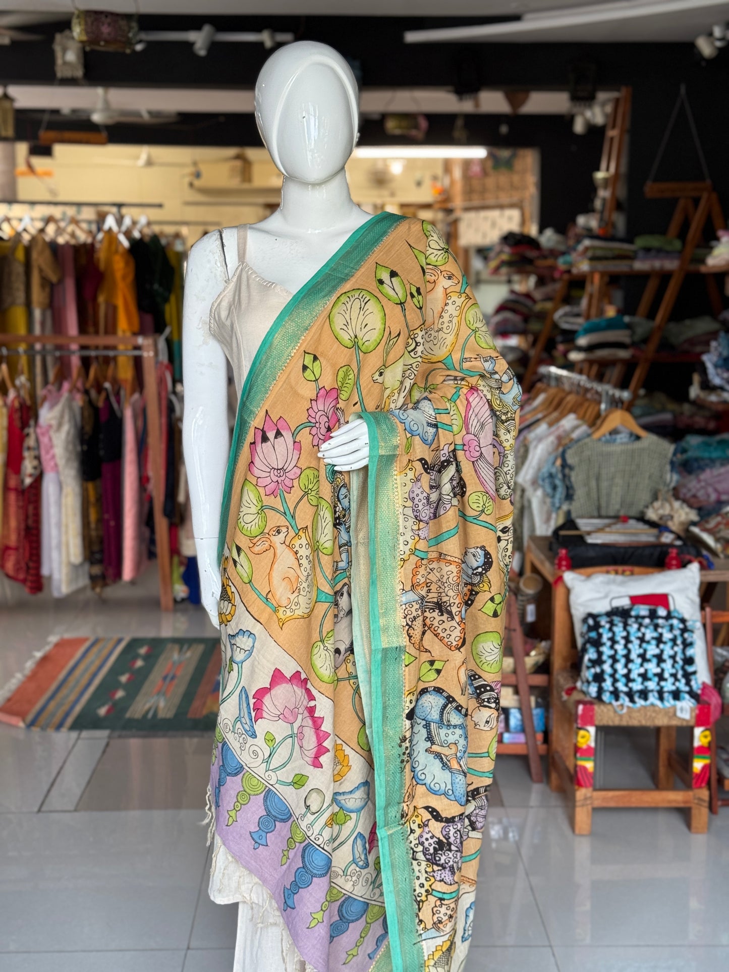 Pen Kalamkari hand painted cotton dupatta