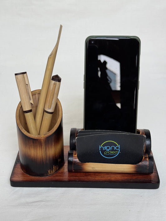 Burnt bamboo desk organizer with card / phone holder, pen stand