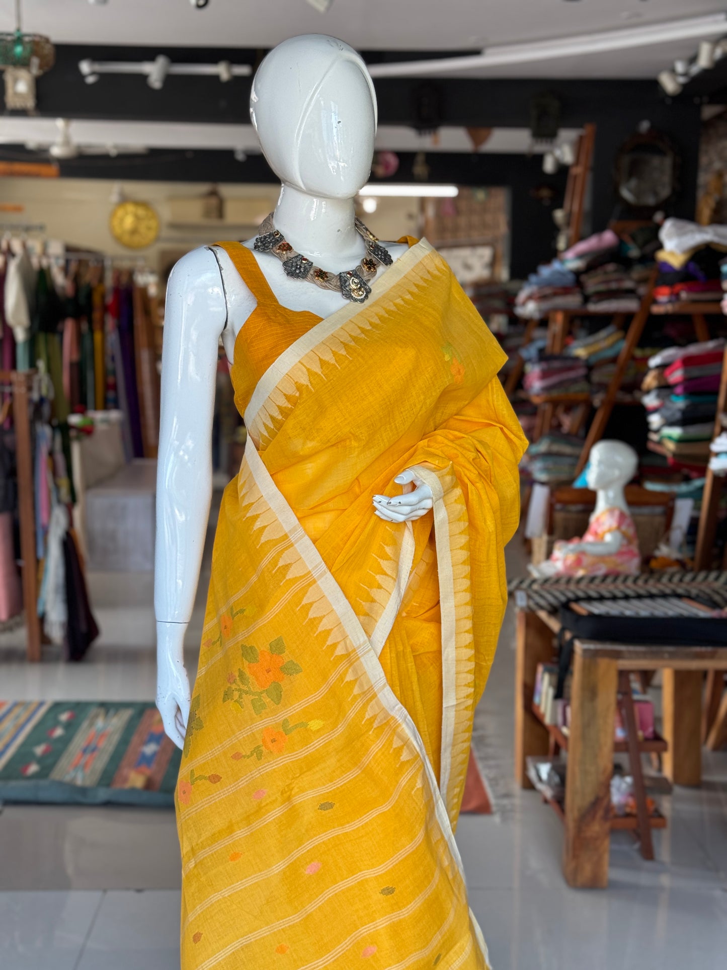 Auspicious yellow cotton handwoven Manipuri Moirangphi saree