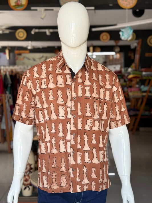 Rust brown Chess print half sleeves mens natural dye, hand block printed cotton shirt