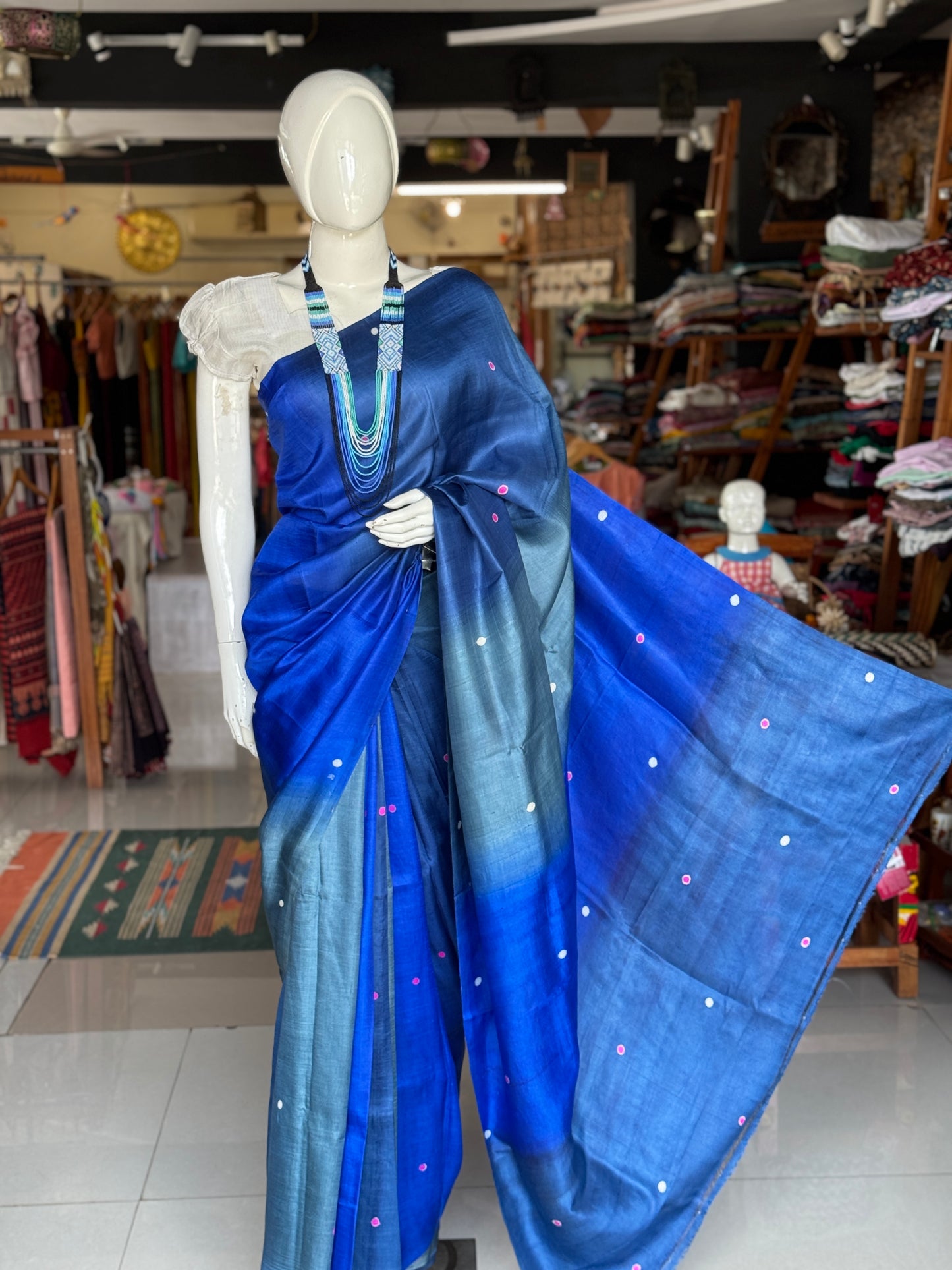 Shades of blue hand crafted pure tussar silk saree - colorful dots
