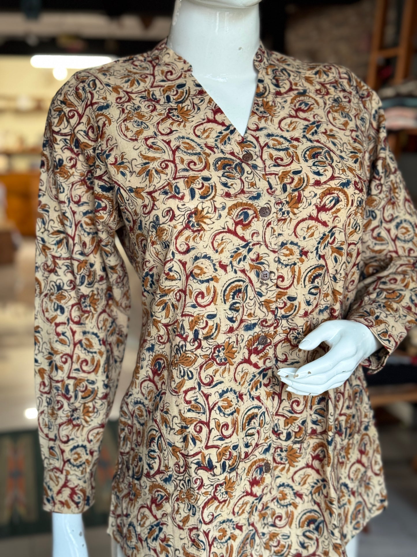 Beige Kalamkari Chinese collared top with V-neckline - hand block printed, Hand spun, hand woven cotton
