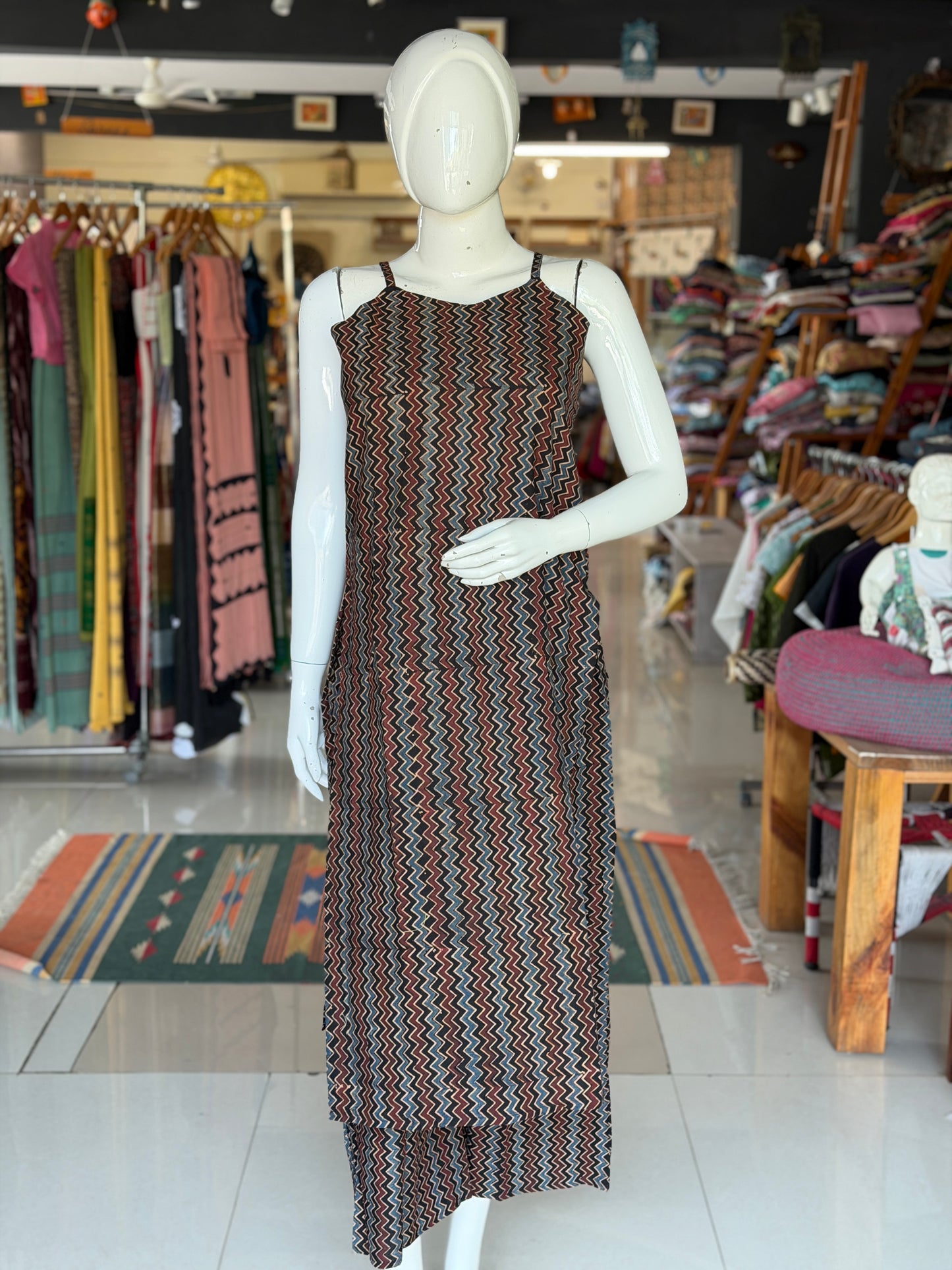 Ajrakh zigzag lines cotton spaghetti straps long kurta and pants coord set