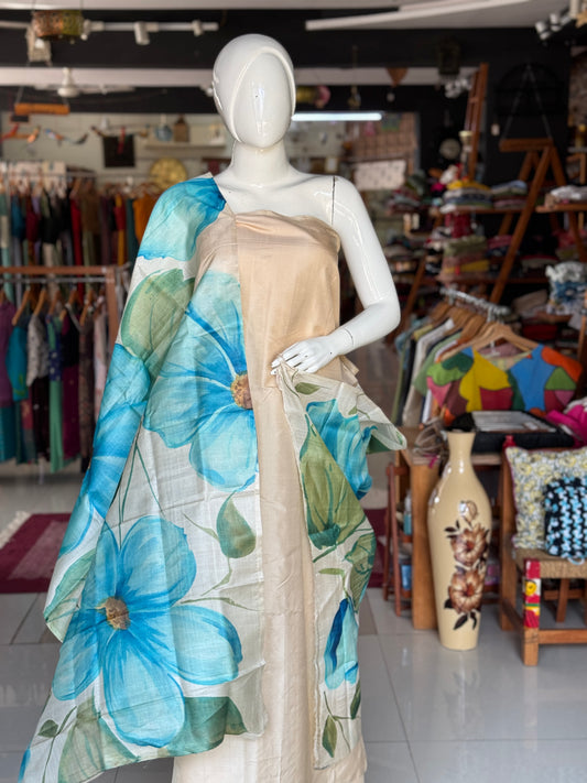 Blue green flowers on cream base - hand painted tussar silk floral dupatta