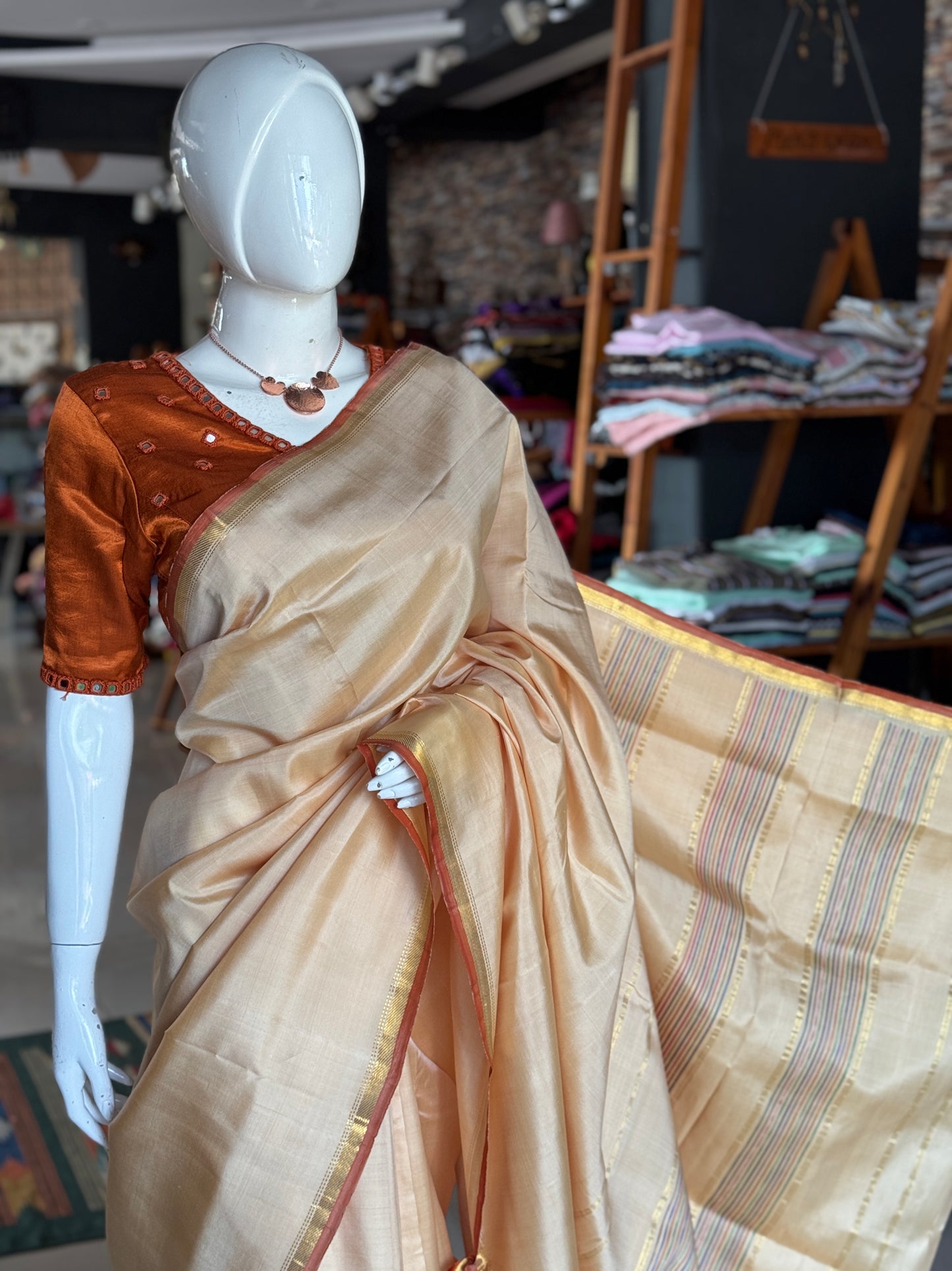 Classy cream pure silk handloom Kumbakonam pattu saree with colorful stripes palla