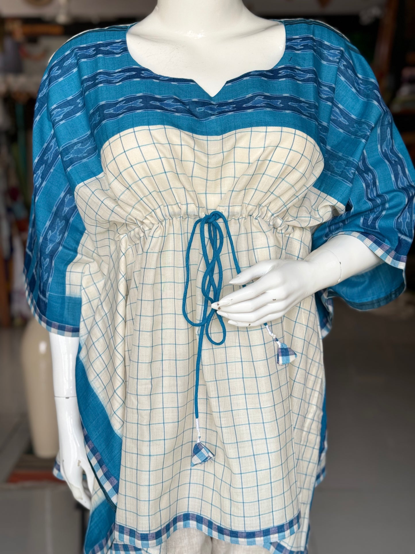 White and blue checks cotton handloom soft ikat kaftan top with draw string at waist