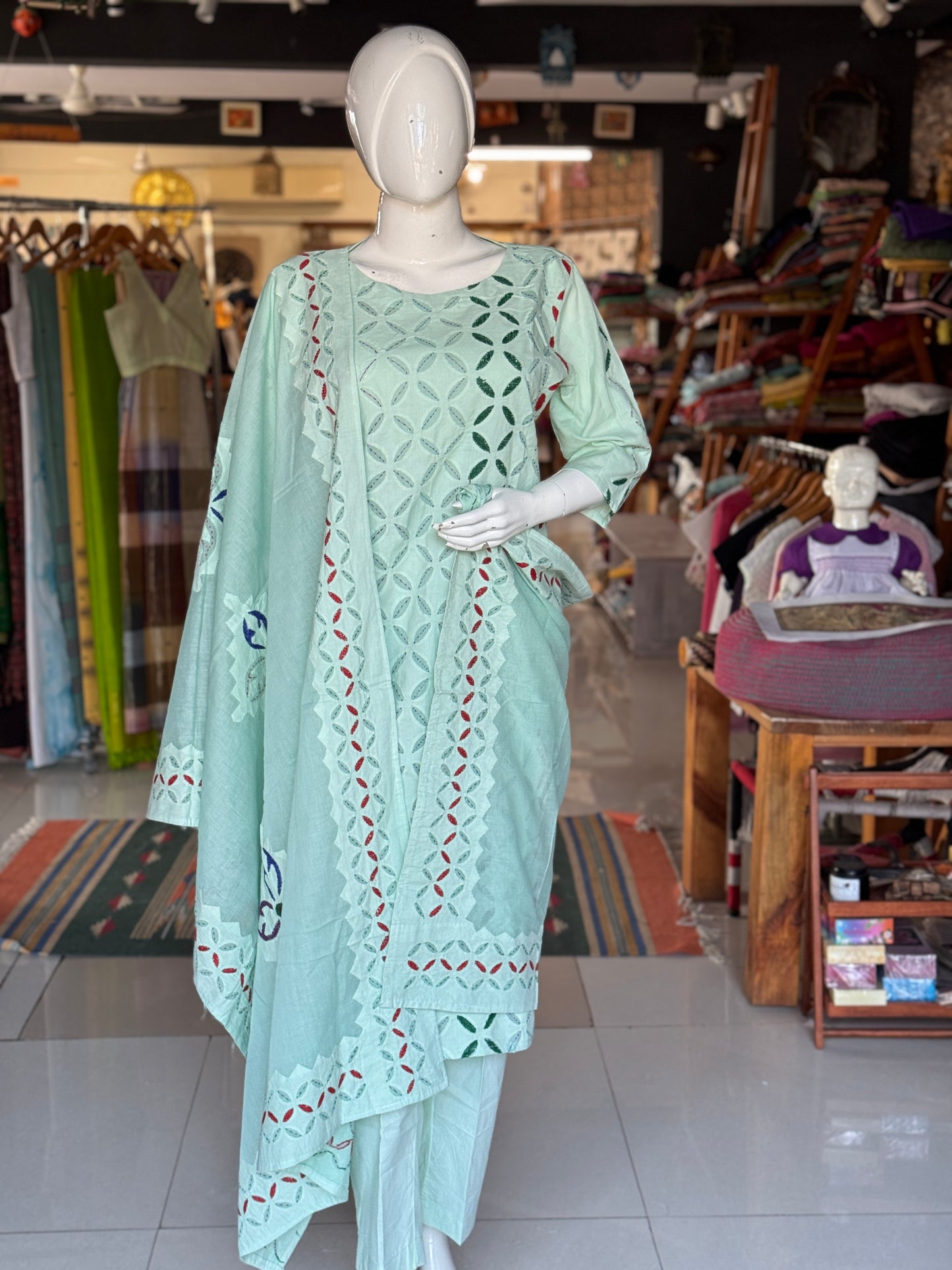 Pista green hand embroidered applique cotton kurta, dupatta n pants set - 3 piece suit set