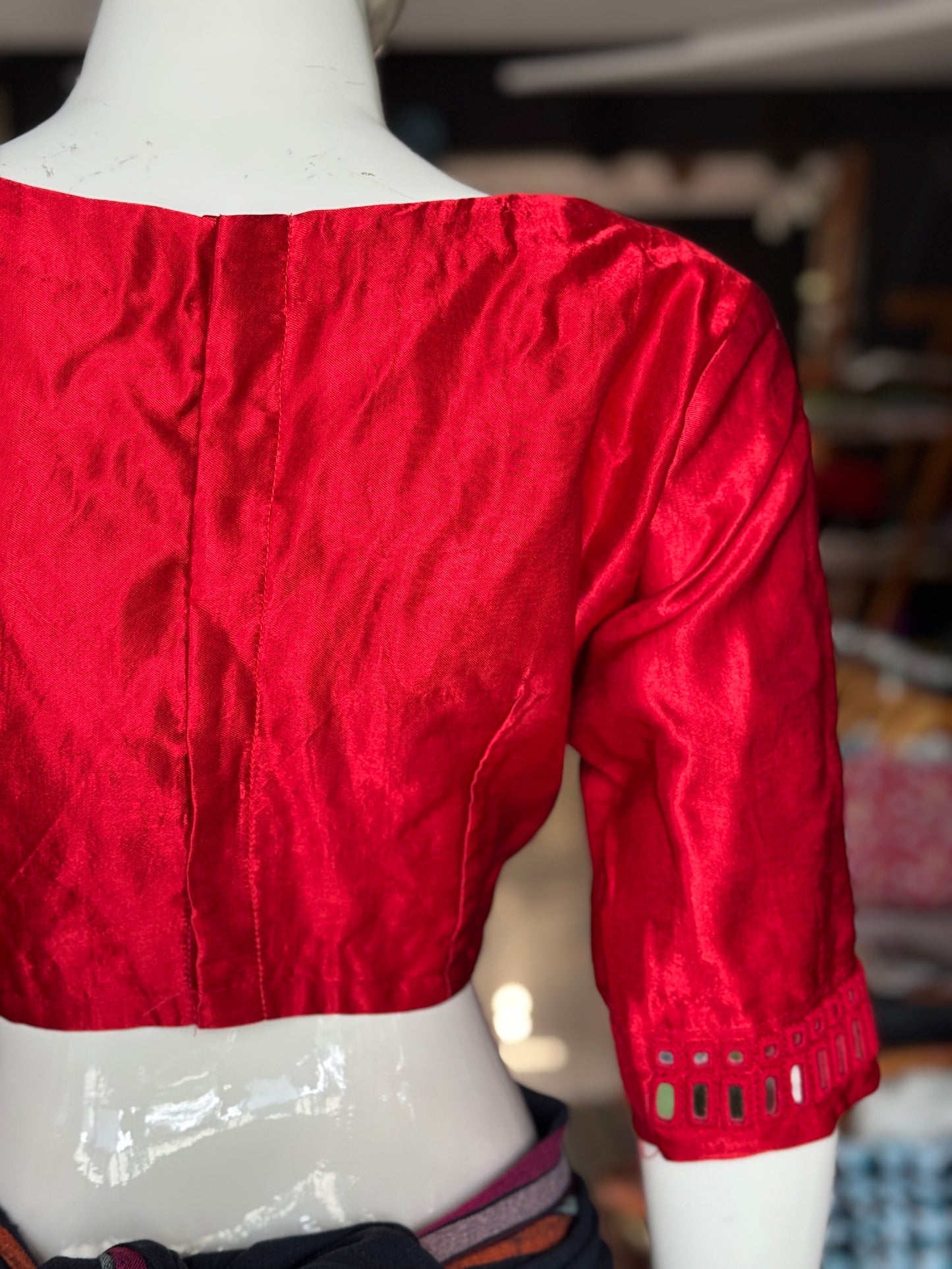 Red mirror work hand embroidered Mashru blouse