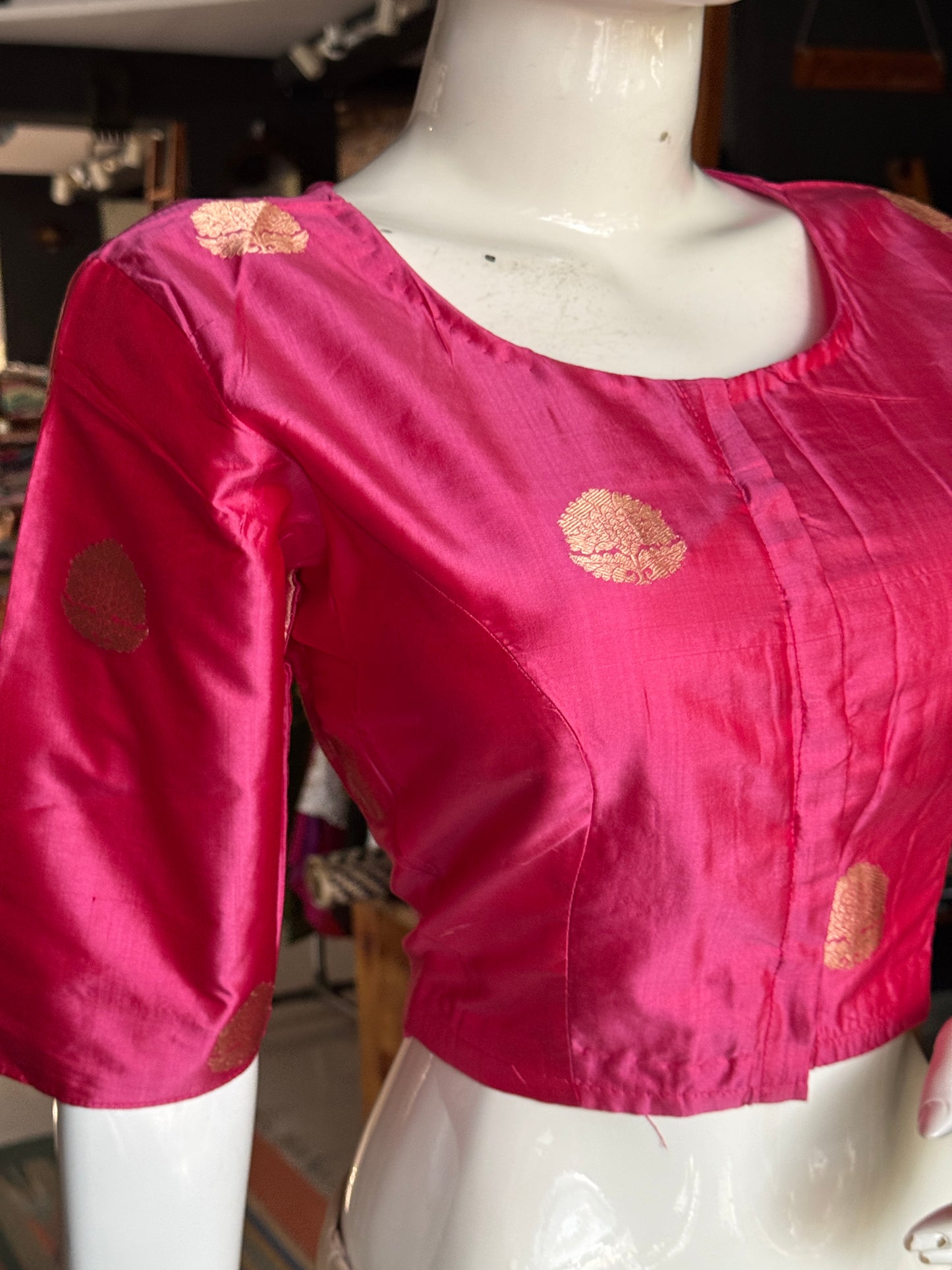 Pink hand woven pure silk blouse with butis - front open, with lining