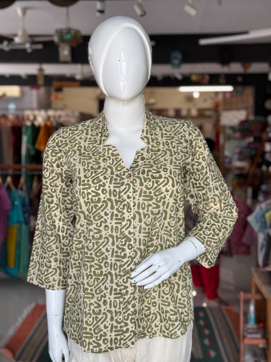 Olive green cotton hand block printed star neck shirt