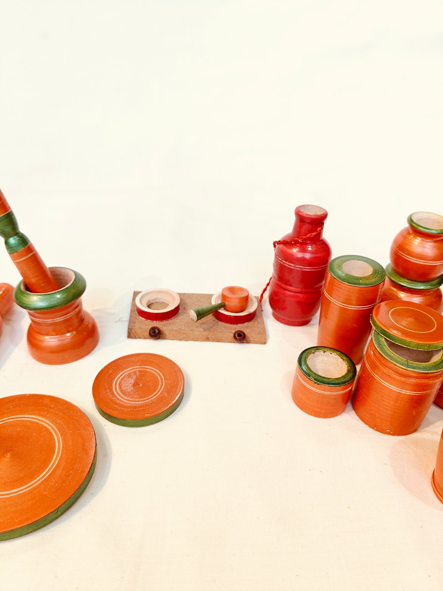 Wooden handmade pretend play 17 piece kitchen set - orange and green